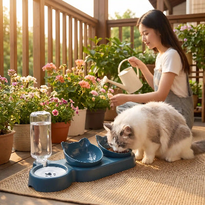 Gamelle pour chat bleue sur un balcon fleuri