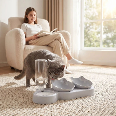 Gamelle pour chat grise sur tapis de salon