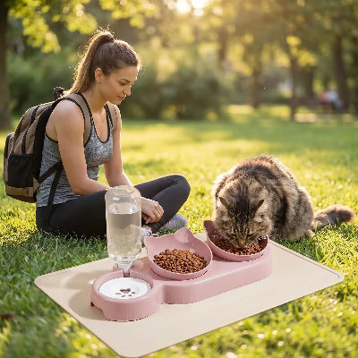 Gamelle pour chat rose dans un jardin ensoleille
