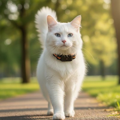 Grand chat blanc yeux bleus avec collier GPS chat marche sur un chemin arboré.
