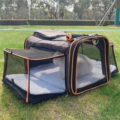 Gros plan d'un Sac-de-transport-pour-chat gris chat blanc avec fenêtre ronde.

