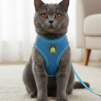 Harnais chat bleu chat gris assis 