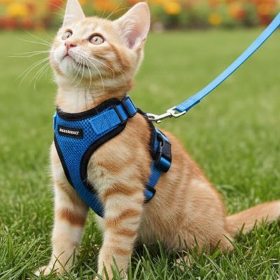 harnais chat bleu porté par un chaton
