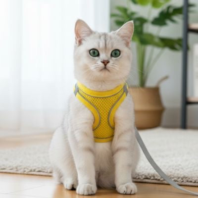 Harnais chat chat  blanc en harnais jaune avec laisse