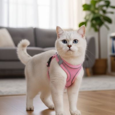 Harnais chat chat blanc en harnais rose posant a l interieur