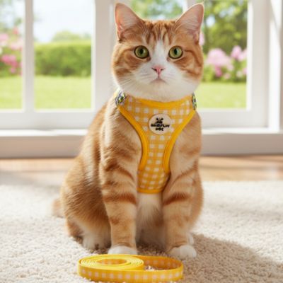 Harnais chat jaune chat regard doux assise fenetre