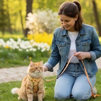 Harnais chat jaune femme et chat roux dans un parc