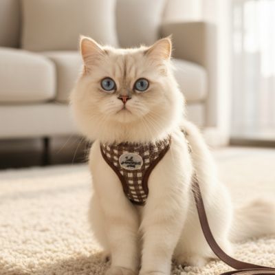 Harnais chat marron chat blanc mignon assise au salon