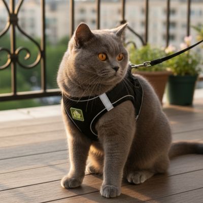 Harnais chat noir chat gris au balcon curieux