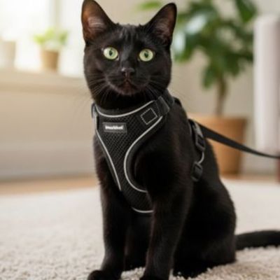 harnais chat noir porté par un chat sur un tapis