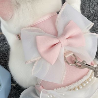Harnais chat rose avec un grand noeud et des perles
