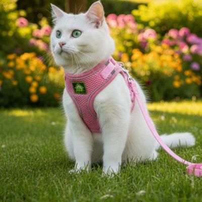Harnais chat rose chat blanc au jardin attentif confortable