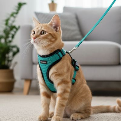 Harnais chat turquoise porté par un chaton roux au salon