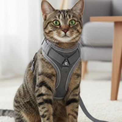 Harnais chat gris porte par un chat