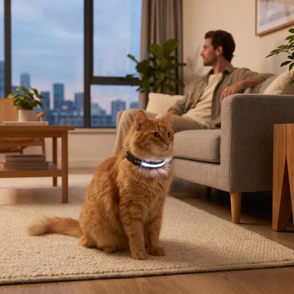 Homme au salon moderne avec un collier lumineux pour chat.