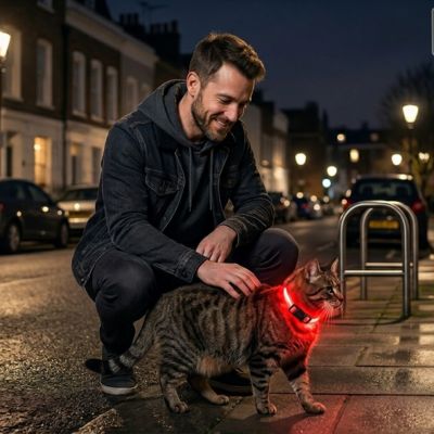 Homme dans la rue avec un collier lumineux pour chat.
