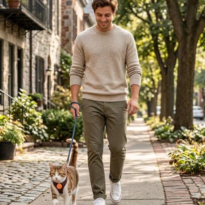 Homme marchant avec son chat équipé d'une puce GPS chat.
