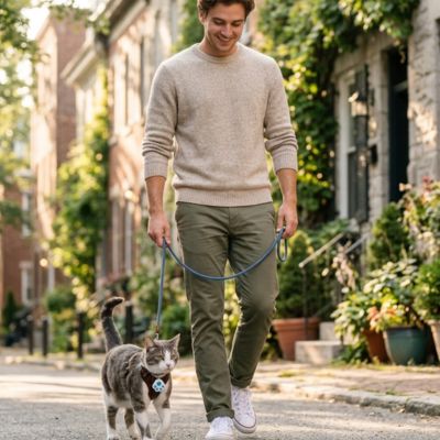 Homme marchant avec son chat portant une puce GPS chat bleu.