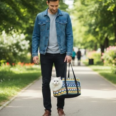 Homme portant un sac de transport pour chat ethnique