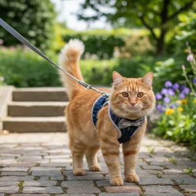 Magnifique chat blanc en balade avec son harnais chat bleu marin.