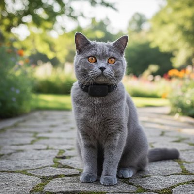 Magnifique chat gris avec Collier-GPS-chat posant sur un chemin de pierres.