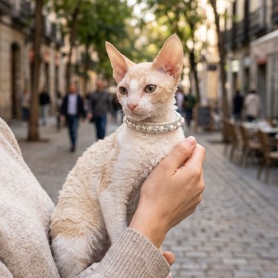 Main humaine tenant un chat avec un collier chat brillant.