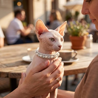 Main humaine tenant un chat avec un collier chat brillant.
