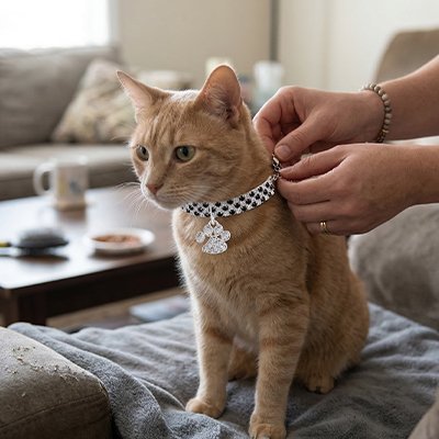 Mains ajustant collier chat noir et blanc pour chat roux.