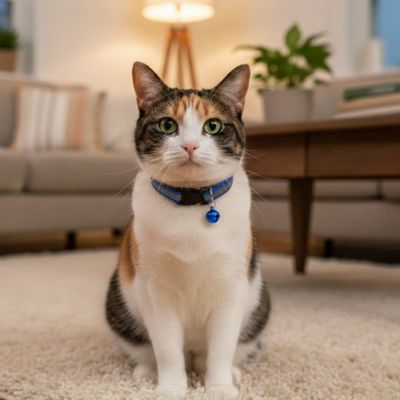 Petit chat blanc portant un collier chat bleu avec clochette