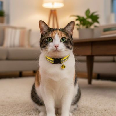 Petit chat blanc portant un collier chat jaune avec clochette