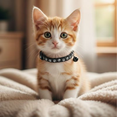 Petit chaton roux et blanc portant son collier noir