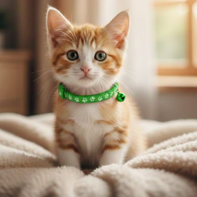 Petit chaton roux et blanc portant son collier vert