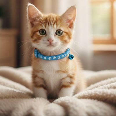 Petit chaton roux portant son collier bleu.