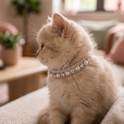 Portrait élégant d'un chat portant un collier chat perlé.
