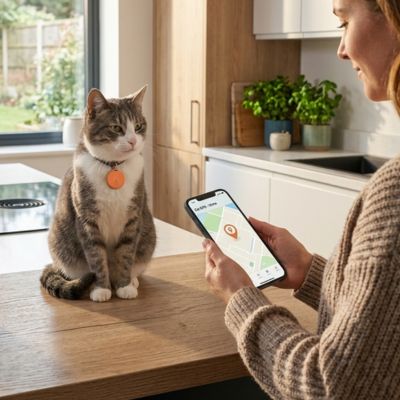 Propriétaire localisant son chat roux avec une puce GPS chat.
