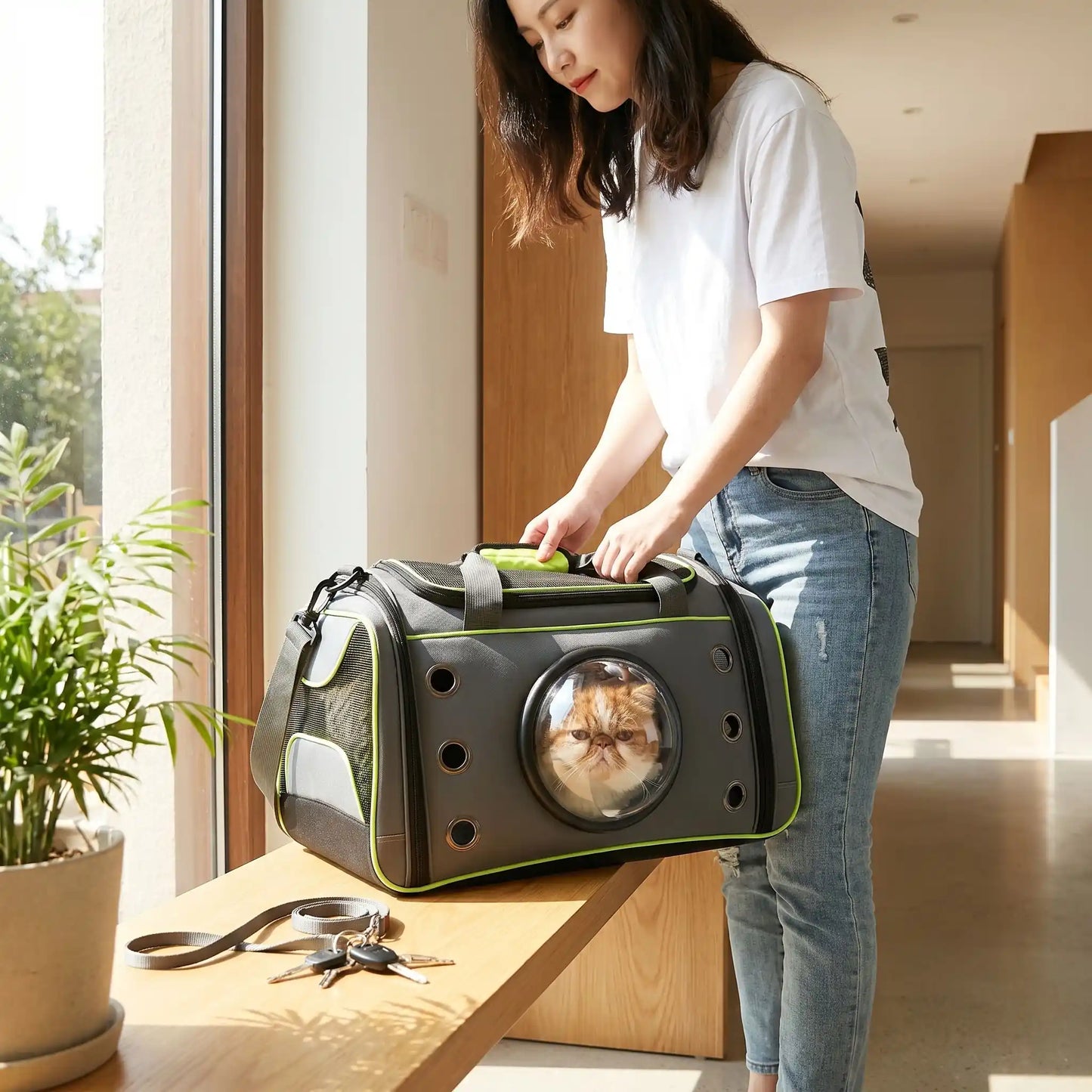 Propriétaire préparant un sac de transport pour chat vert à la maison.