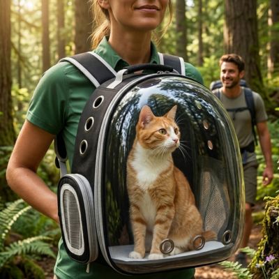 Sac à chat transport Cosmonaute à hublot transparent pour randonnée en forêt.

