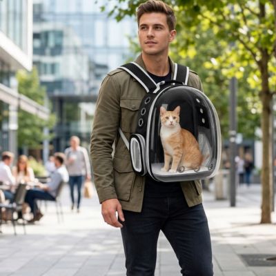 Sac à chat transport Cosmonaute noir à hublot porté en ville.