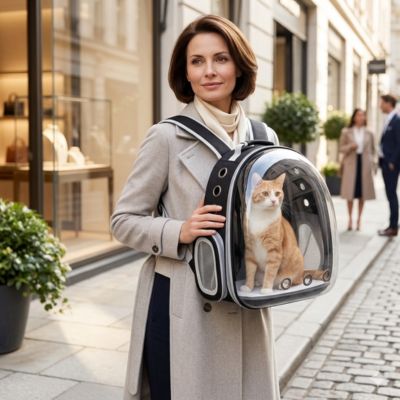 Sac à chat transport Cosmonaute noir avec capsule bulle transparente

