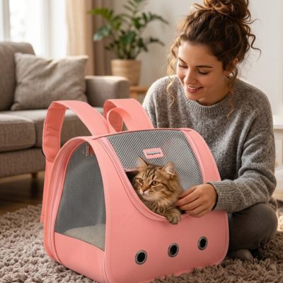 Sac à dos chat Modèle rose dôme, femme et chat sur tapis
