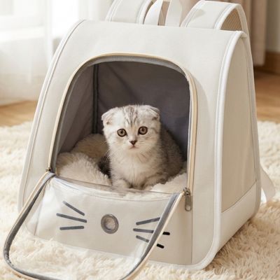 Sac à dos chat blanc avec design moustaches et chaton assis sur un tapis
