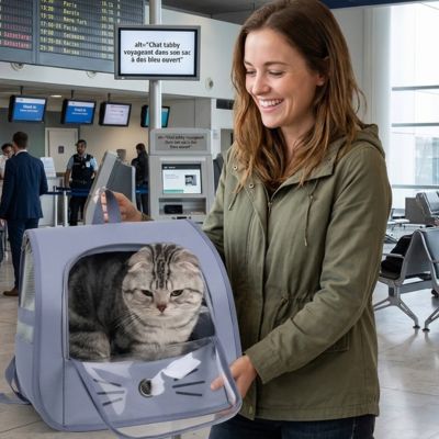 Sac à dos chat bleu avec une femme souriante dans une gare lumineuse

