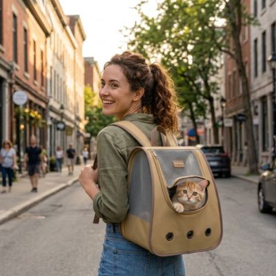Sac à dos chat dans la rue porté par une femme