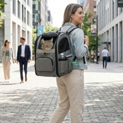 Sac à dos chat ergonomique urbain respirant lavable bleu et gris.