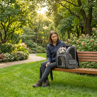 Sac à dos chat extensible gris posé sur un banc au parc.