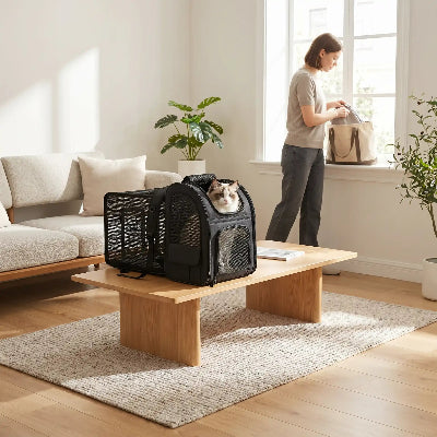 Sac à dos chat extensible noir posé sur une table en bois.