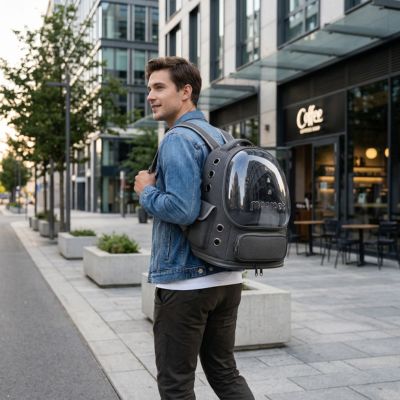 Sac à dos chat gris foncé avec hublot transparent porté par un homme sur un trottoir
