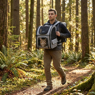 Sac à dos chat gris porté par un homme en forêt.