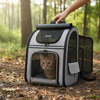 Sac à dos chat gris posé au sol avec un chat tigre.
