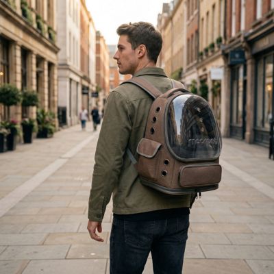 Sac à dos chat marron avec bulle transparente porté par un homme dans la rue
